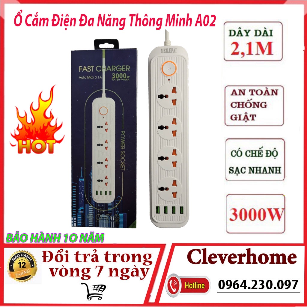 Ổ cắm điện cao cấp A02 CHỊU TẢI Auto Max 3.1A  - ổ điện đa năng thông minh an toàn chống giật, chống cháy nổ, lõi đồng