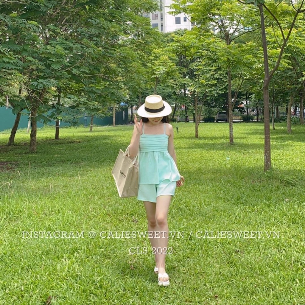 Set đồ nữ mùa hè Caliesweet set đi biển đi chơi dự tiệc sang chảnh chất đũi xốp màu xanh hottrend CLS006