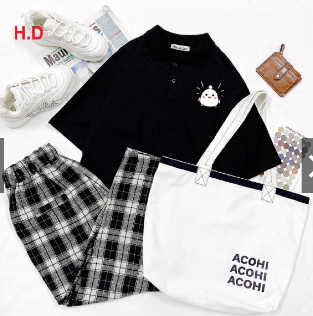 Sét áo polo gà hát + quần kẻ đen HĐ12 , sét áo nam nữ,  sét bộ mặc ở nhà MODY
