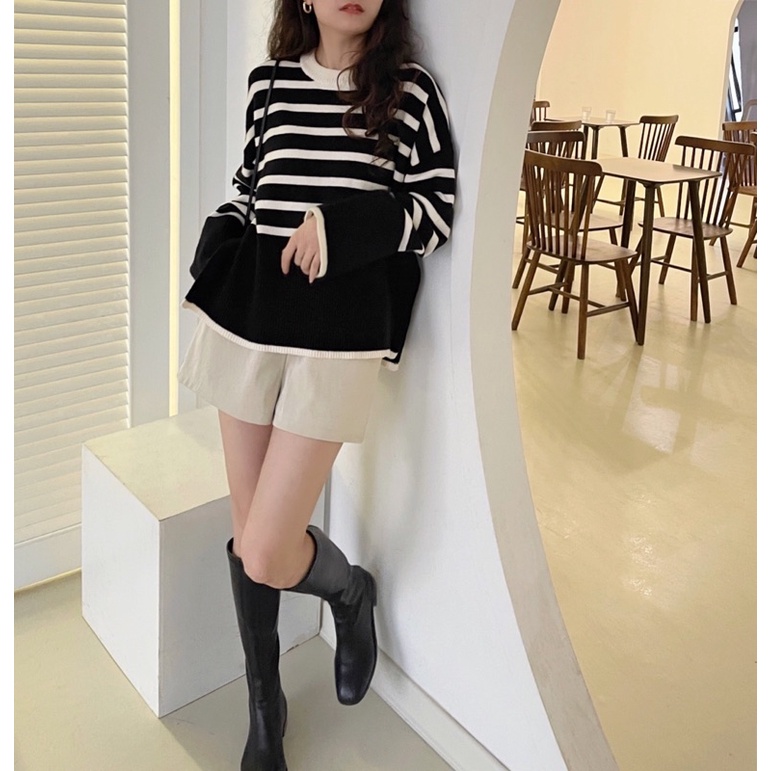 Áo len kẻ ngang xẻ tà freesize korea