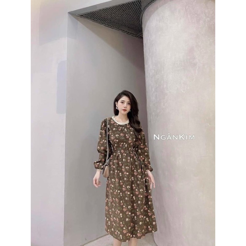 ĐẦM HOA MIDI CỔ REN NÂU - XANH