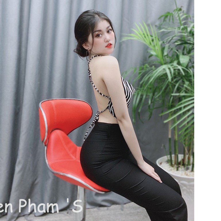 [FREE SHIP] ✔️hienphamstore✔️ Set áo yếm hở lưng cột dây, đan dây hoạ tiết sọc ngựa vằn quần dài - S3031