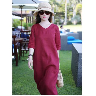 Đầm suông dáng dài cổ tim tay lỡ xẻ sau SLINEN, chất vải Linen bột Premium, form váy suông rộng không kén dáng.