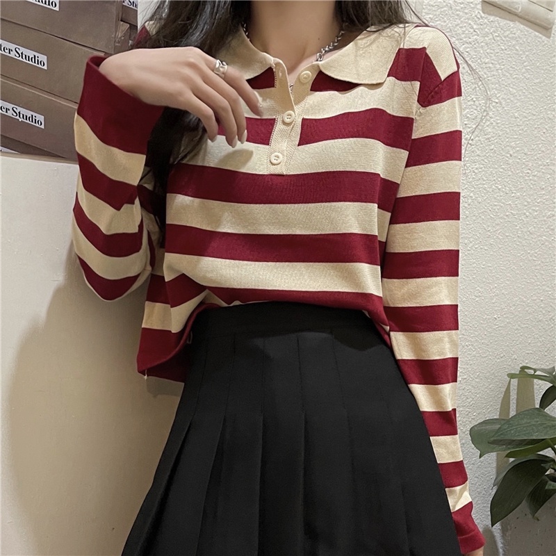 Áo thun polo IELGY dệt kim tay dài in họa tiết kẻ sọc thời trang dành cho nữ