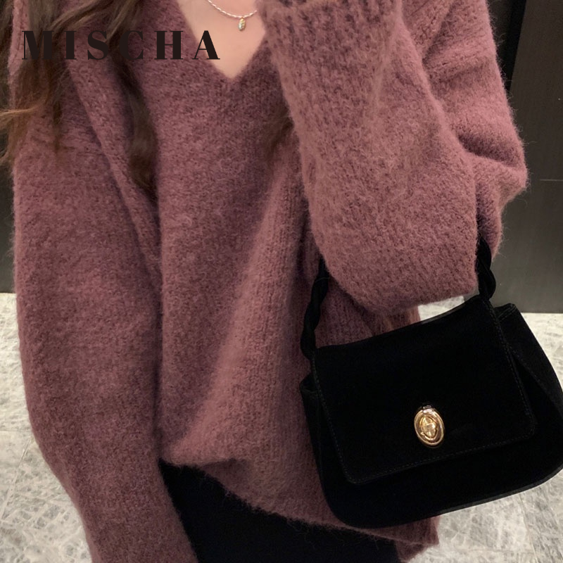 MISCHA Túi Xách Da Lộn Màu Trơn Dáng Vuông Nhỏ Kiểu retro Pháp Dễ Phối Đồ