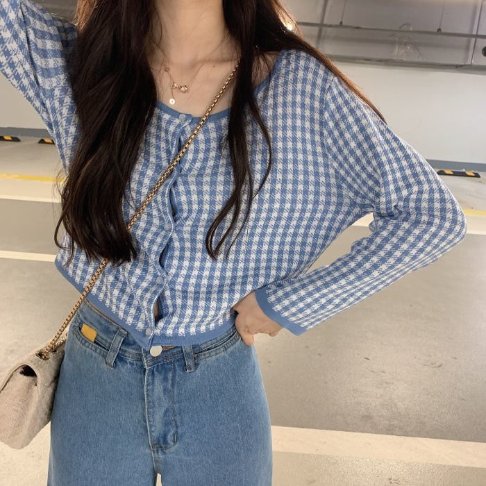 Áo Khoác Cardigan Len Tay Dài Dáng Ôm Họa Tiết Sọc Caro Phong Cách Hàn Quốc Cho Nữ