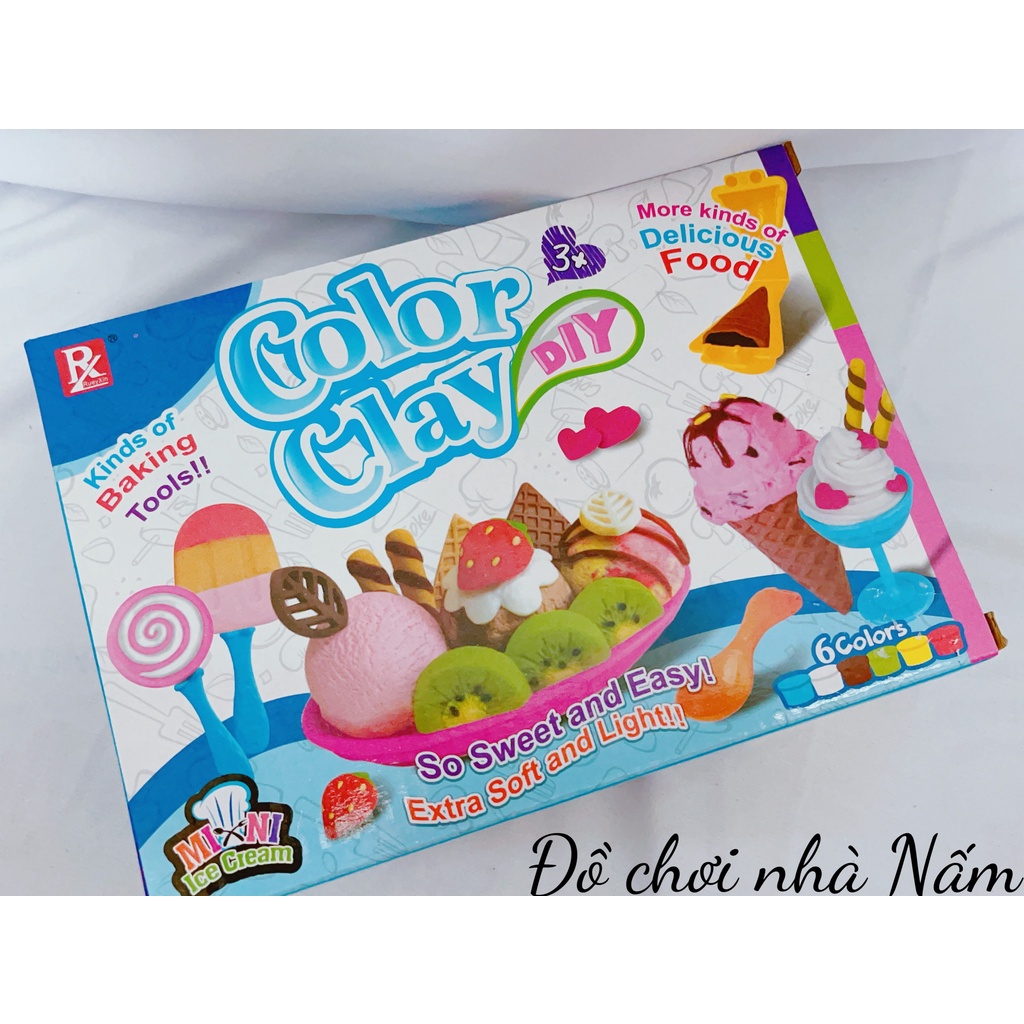 Đồ chơi trẻ em- hộp đất sét/đất nặn làm kem 6 màu, có khuôn sẵn, ly, muỗng- chất liệu an toàn cho bé