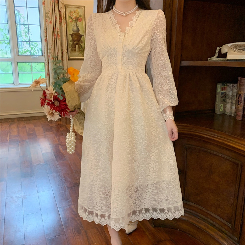 Đầm Ren Tay Dài Cổ Chữ V Ôm Eo Phong Cách Retro Pháp Thời Trang Cho Nữ