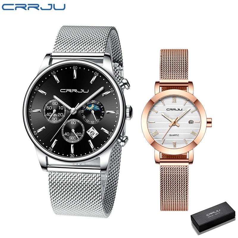 Đồng hồ thời trang CRRJU 2266 2176 dành cho cặp đôi thiết kế đơn giản bằng thép không gỉ chống nước