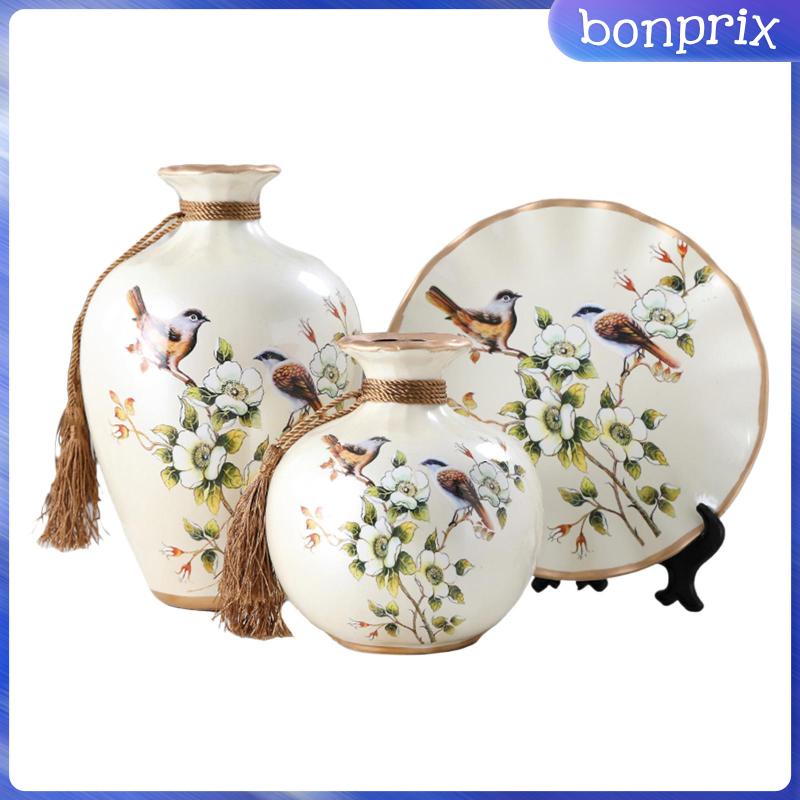 Bộ 3 Lọ Hoa Sứ Họa Tiết Chú Chim + Giá Đỡ Độc Đáo Trang Trí Nhà Cửa