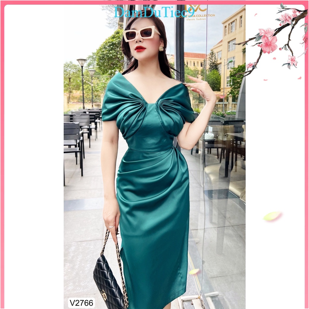 VÁY HAI DÂY XANH CỔ VỊT XẾP LY NGỰC - V2766 - DVC-MH