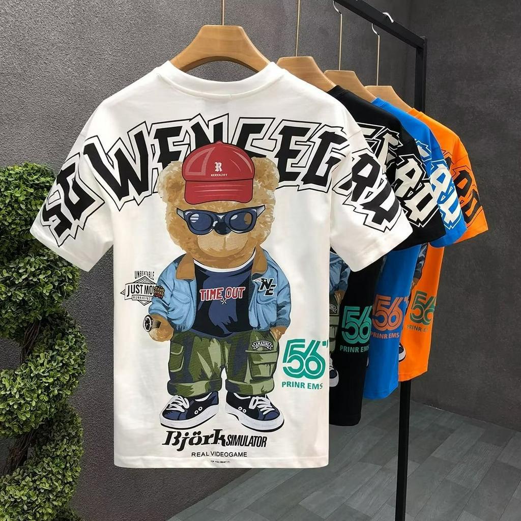 Áo Thun Tay Ngắn Cổ Tròn In Hình Gấu Hoạt Hình 3 Màu Tùy Chọn Size M-5XL Thời Trang Mùa Hè Cho Nam