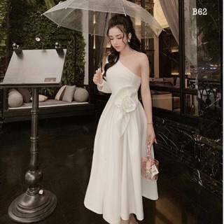 Đầm xoè kiểu tay dài lệch vai hoa eo