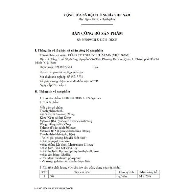 VIÊN BỔ SUNG SẮT FEROGLOBIN B12 HỘP 30V