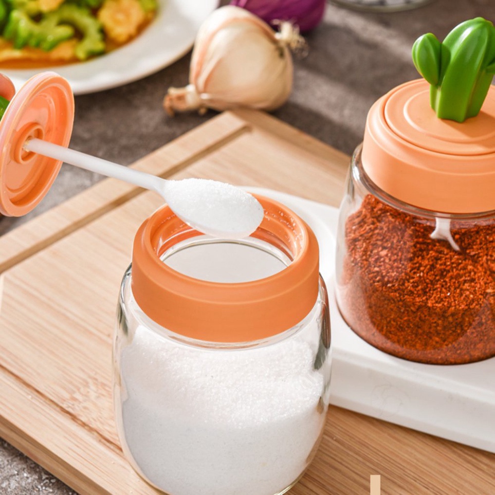 SET 4 Hũ thủy tinh hình xương rồng đựng gia vị kèm thìa mẫu mới 2022