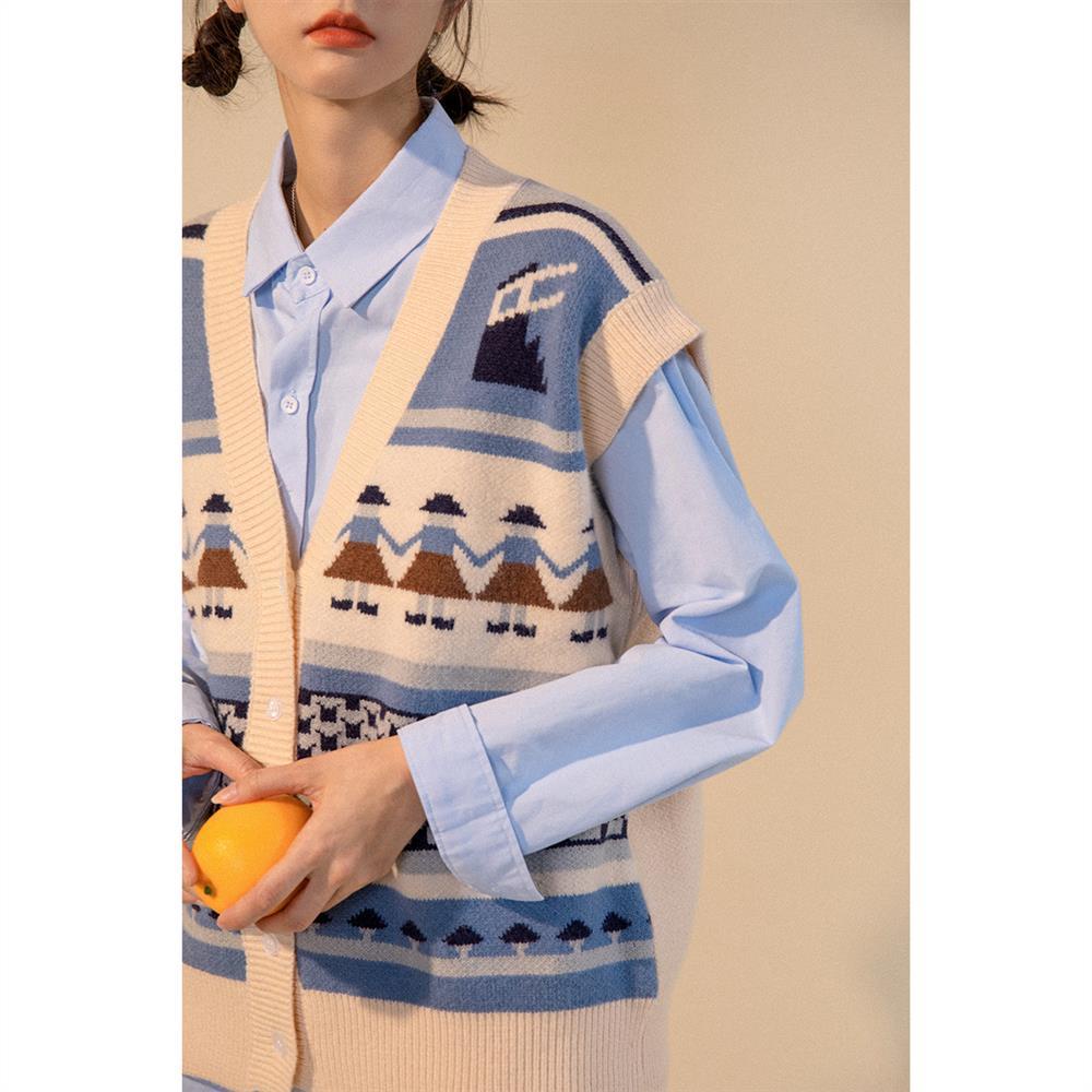 Áo len không tay cổ chữ v in họa tiết 2 màu sắc phong cách vintage | BigBuy360 - bigbuy360.vn