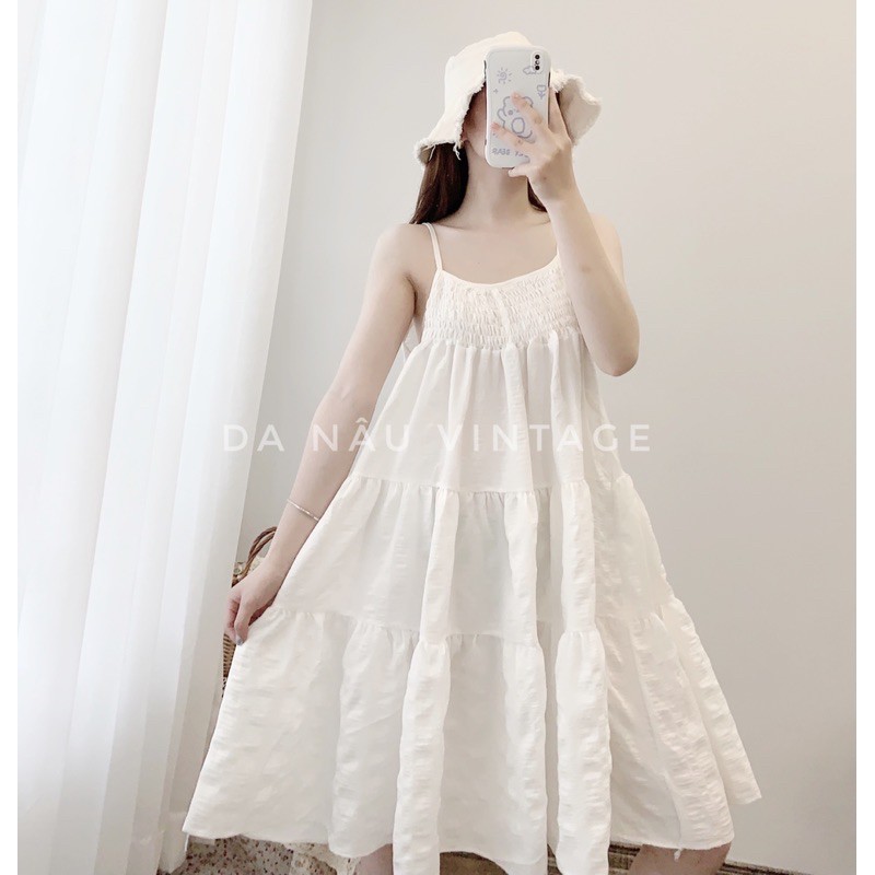 váy, đầm dây babydoll màu trắng công chúa bồng bềnh (cam kết ảnh shop chụp thật 100%)