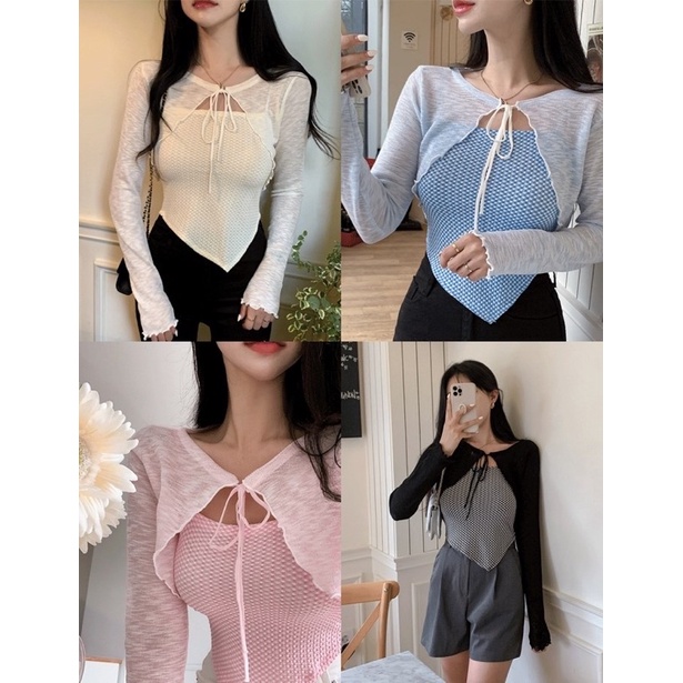 Set áo len khoác cardigan mỏng kiểu buộc nơ - màu pastel xinh iu - CÓ TÁCH RỜI