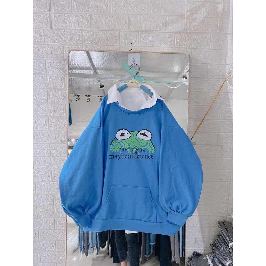 Áo thun sweater dài tay in hình chú ếch xanh - Hoodie nỉ ngoại cute đáng yêu thiết kế tay phồng nữ HOT