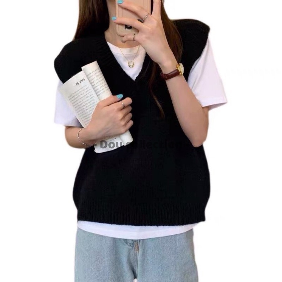 [Nowship2h] Áo Gile Len Trơn Vintage Áo Len Không Tay Cổ V Cá Tính Phong Cách Hàn Quốc Thời Trang Thu Đông - Mã TA004