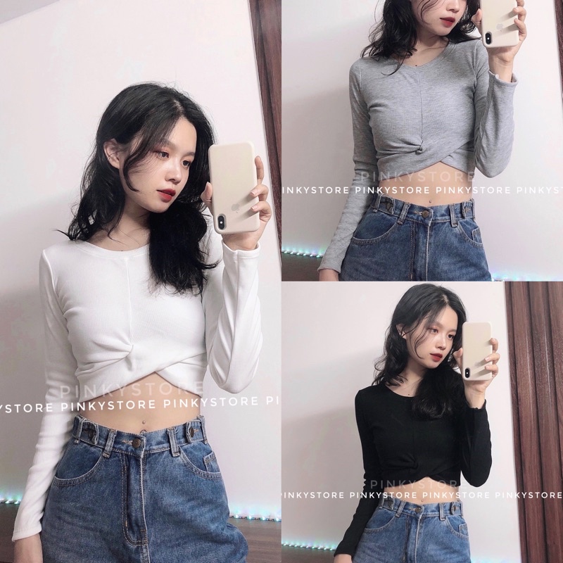 (5 màu) Áo croptop tay dài xoắn eo | WebRaoVat - webraovat.net.vn