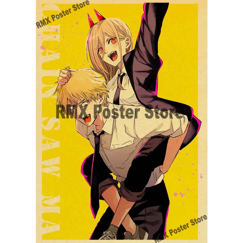 Tranh Áp Phích Treo Tường In Hình Anime Chainsaw Man Phong Cách Retro