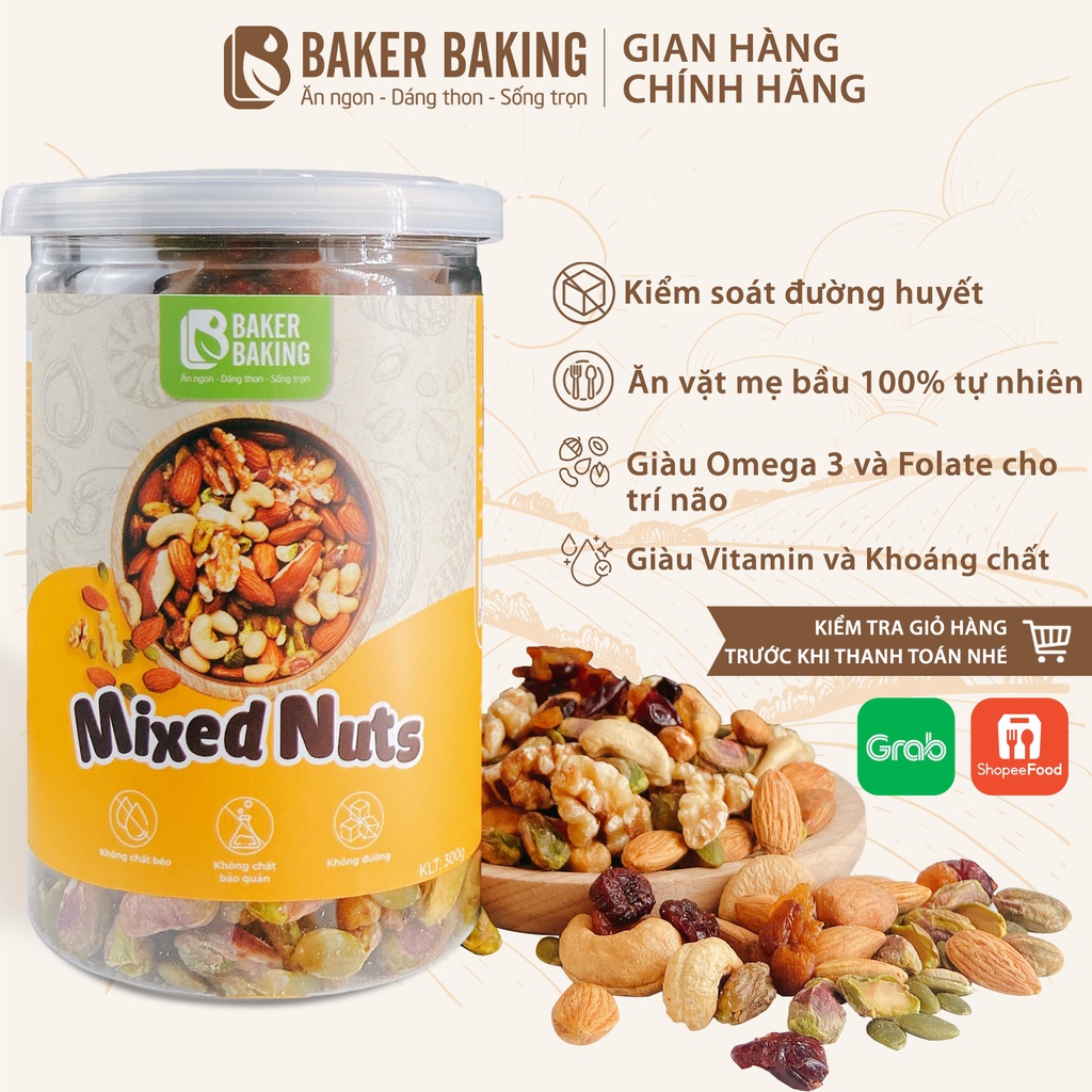 Hạt dinh dưỡng mix 5 loại hạt nhập khẩu, Mixed Nuts Baker Baking có hoa quả cho mẹ bầu ăn vặt, tập gym, healthy 300-500g