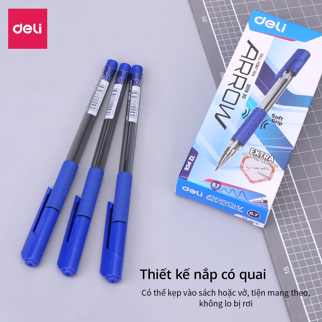 Bút bi nắp đậy ngòi 0.7mm 1mm Deli mực xanh đen đỏ nét viết đều đệm tay cao su chất lượng cao phù hợp học sinh văn phòng