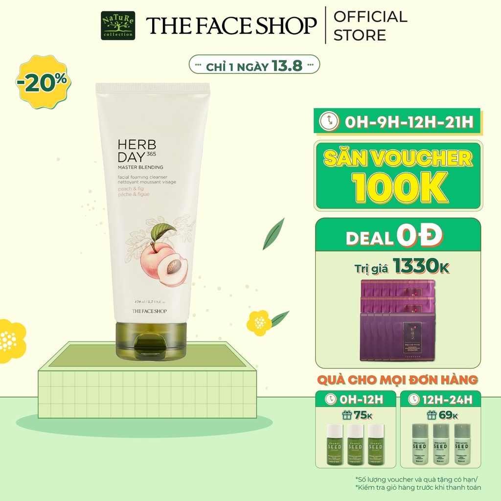 Sữa Rửa Mặt Thefacaeshop Herbday365 Master Blen Foaming Cleanser Peach&Fig 170ml