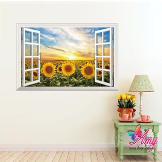 decal dán tường khung cửa sổ hoa hướng dương