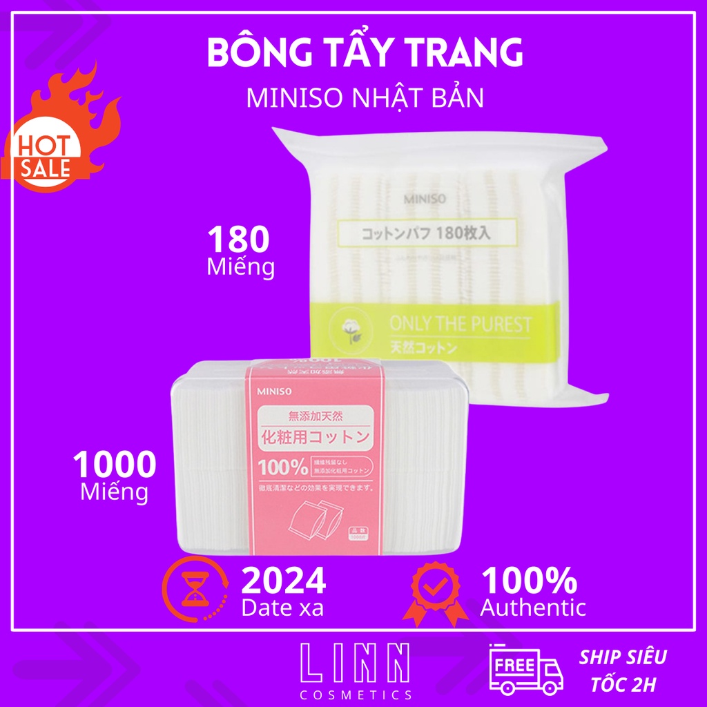 Bông tẩy trang Miniso Nhật Bản 100% cotton, mềm mịn, dai