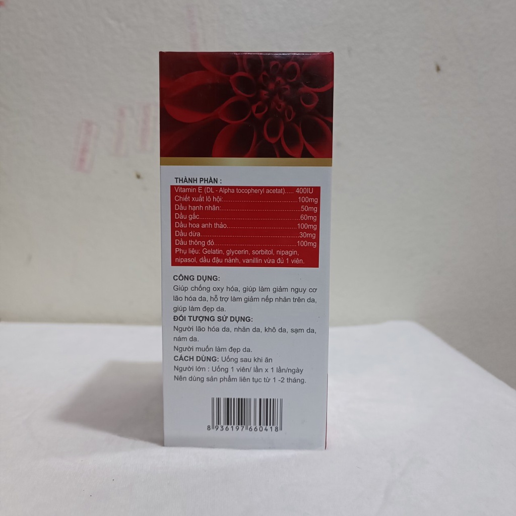 Vitamin E đỏ E400 IU Viên Uống Đẹp Da Chiết Xuất Lô Hội, Dầu Hạnh Nhân, Thông Đỏ, hoa anh thảo, dầu gâc - Hộp 30 Viên