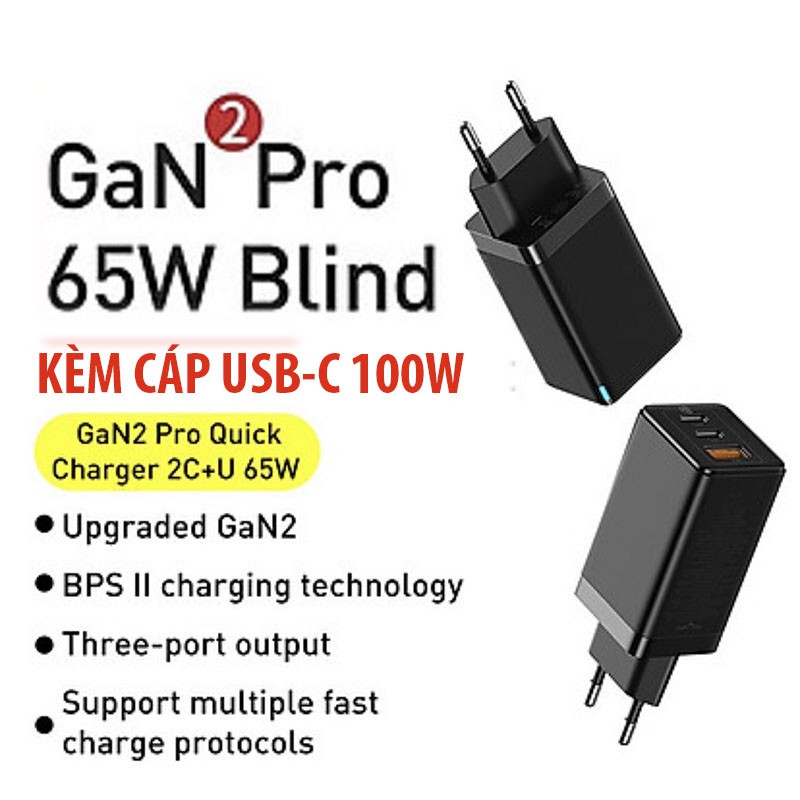 Sạc Nhanh Baseus GaN2 Pro 65W Quick Charge 4 PD kèm cáp C 100W