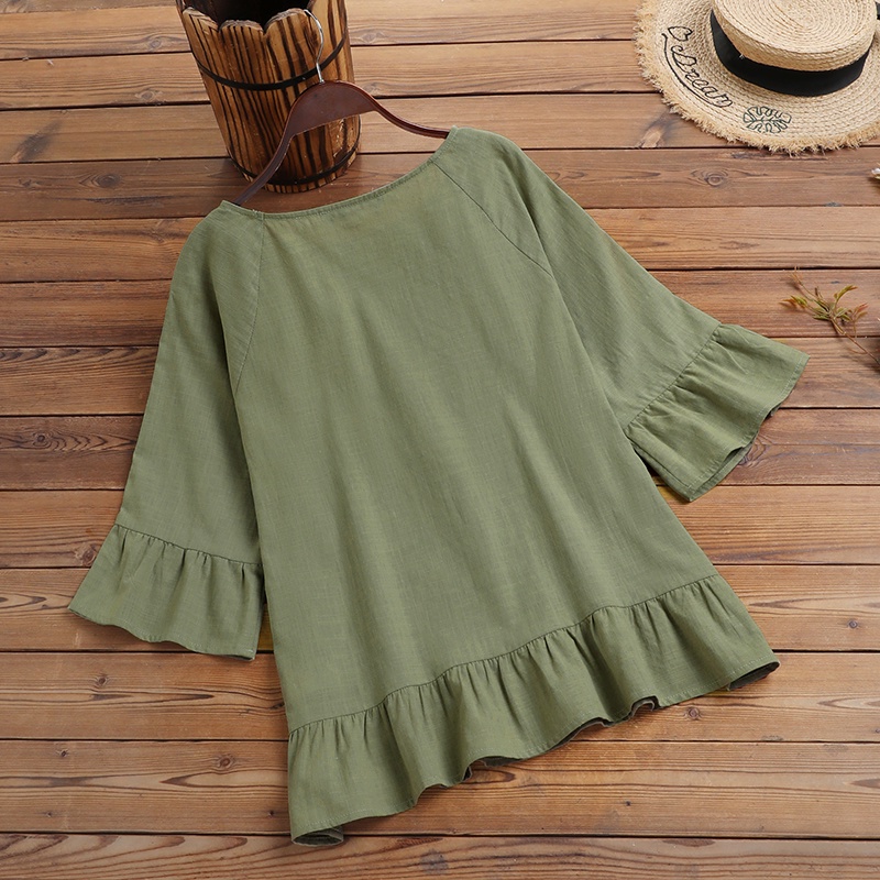 Áo Kiểu Cổ Tròn Tay 3/4 Nhún Bèo Màu Trơn Phong Cách Vintage ZANZEA Dành Cho Nữ