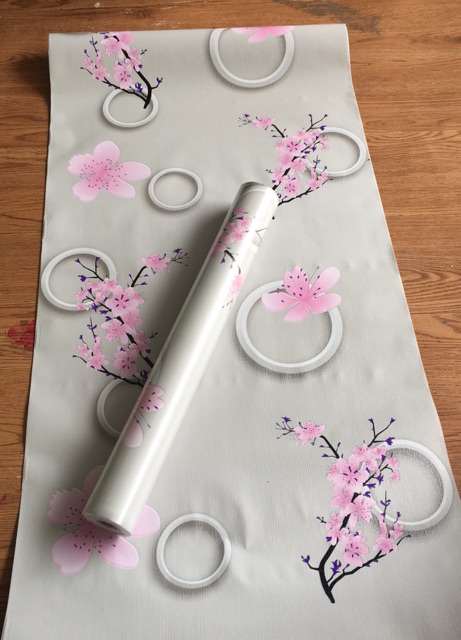 10 m giấy dán tường hoa đào ô tròn hồng 3D keo sẵn khổ 45cm