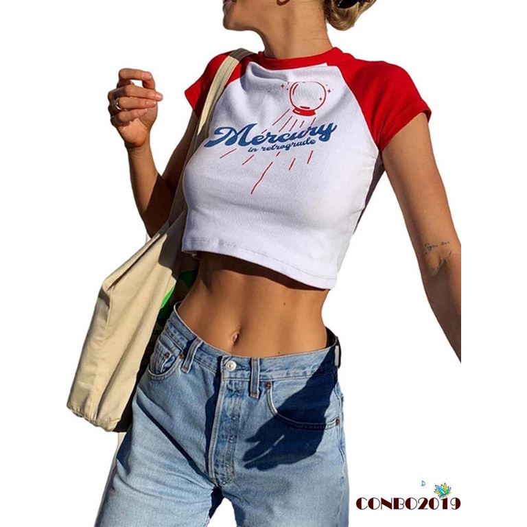 Áo thun lửng ngắn tay in chữ thời trang nữ tính