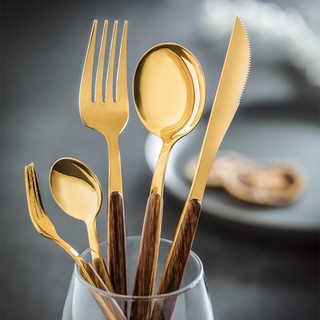 BỘ THÌA NĨA DAO CÁN GỖ INOX MẠ VÀNG CAO CẤP PHONG CÁCH BẮC ÂU