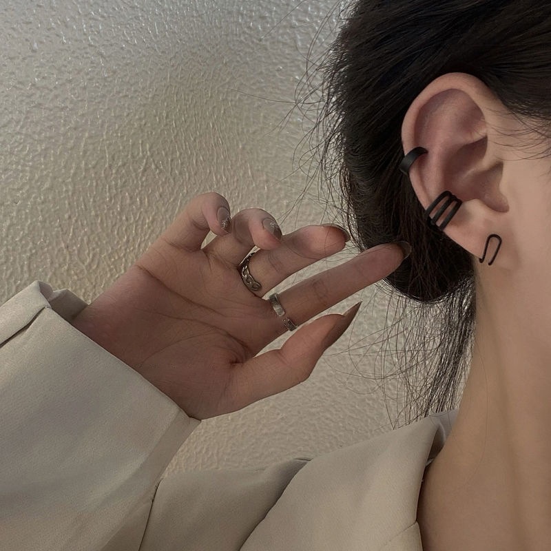 Bộ Ba Khuyên Kẹp Tai Hình Chữ C Màu Đen Đơn Giản Không Cần Xỏ Lỗ