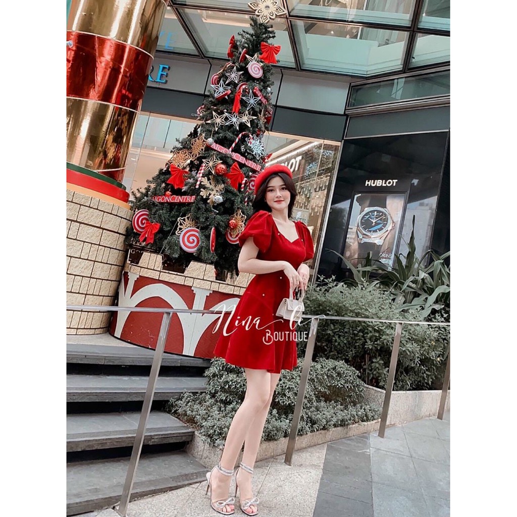 Đầm Xòe Tay Phồng Đính Cườm,Có Mút Ngực,Chất Liệu Umi,Màu Sắc Nhã Nhặn