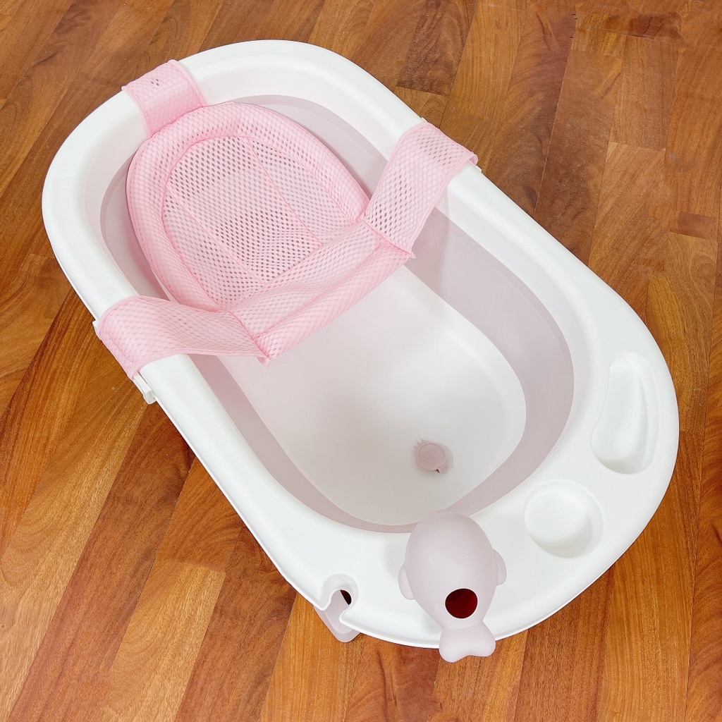 Chậu tắm cho bé gấp gọn kèm lưới/phao nằm tắm và đồ chơi màu hồng 9BABY