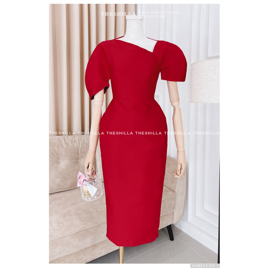 Váy thiết kế cao cấp màu đỏ body tay phồng sang trọng [ Có video + Ảnh thật ] The Shilla - Nodevi-53C3