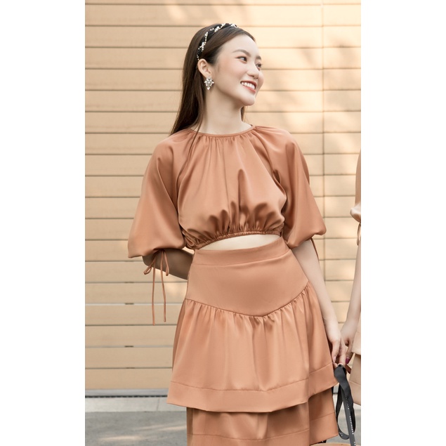 RẬP - Đầm Cam Cổ Tròn Nhún Tay Lửng Tùng Hai Tầng - GRACE 04 CAM