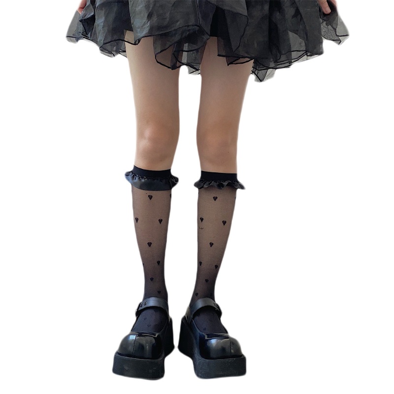 Youyo Vớ Cao Đến Đầu Gối Vải Lụa Satin Viền Xếp Nếp In Họa Tiết Trái Tim Phong Cách Lolita Nhật Bản Ngọt Ngào Cho