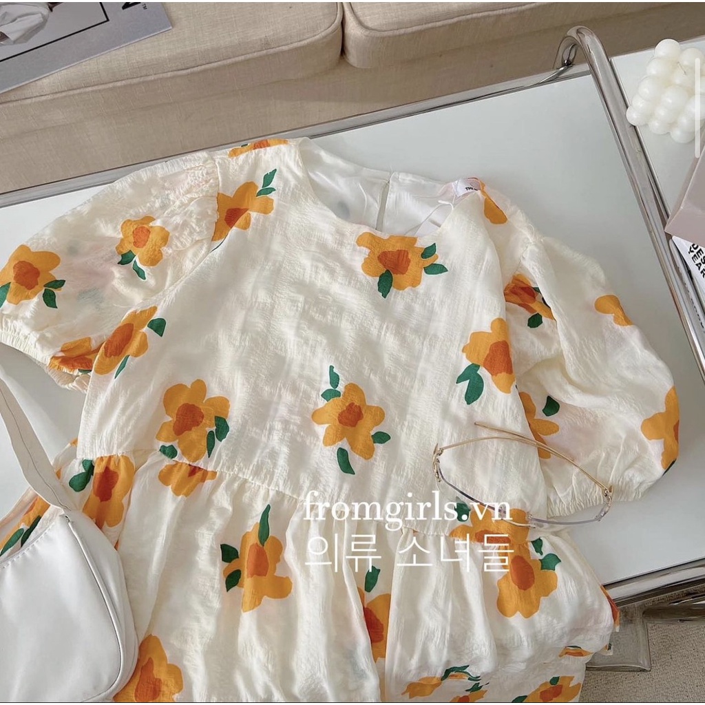 Đầm Babydoll Hoa Cam Tay Bồng Đầm Hoa Dáng Dài Siêu Xinh