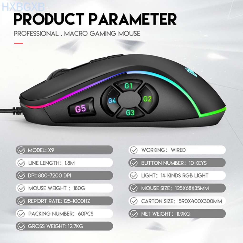 Game Mouse Wired 10 Buttons Gaming Mouse Adjustable RGB Computer Accessory with Colorful Light HXBG