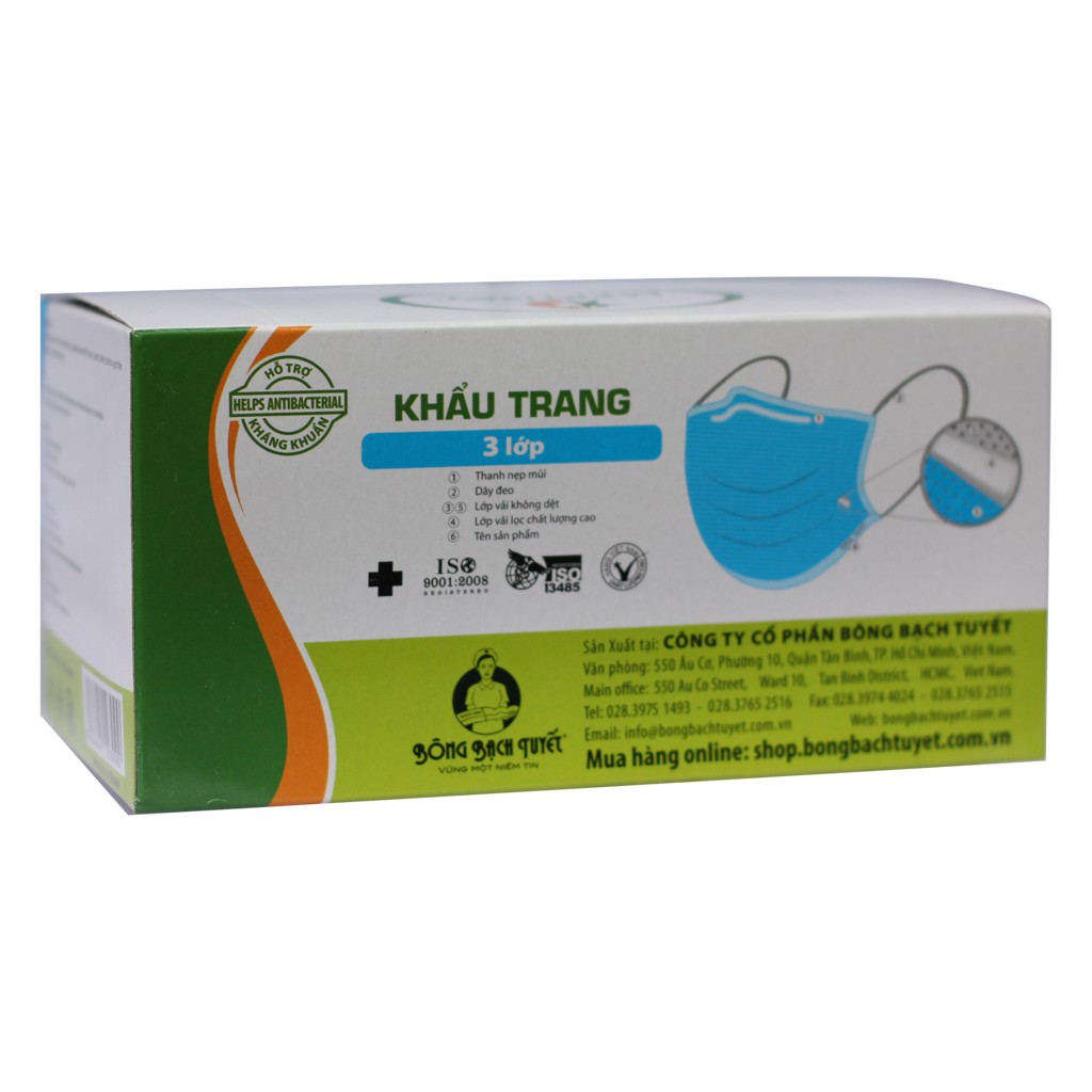 Khẩu Trang Xanh 3 Lớp Kháng Khuẩn, Kháng Bụi - Meriday (Hàng Công Ty Bông Bạch Tuyết)