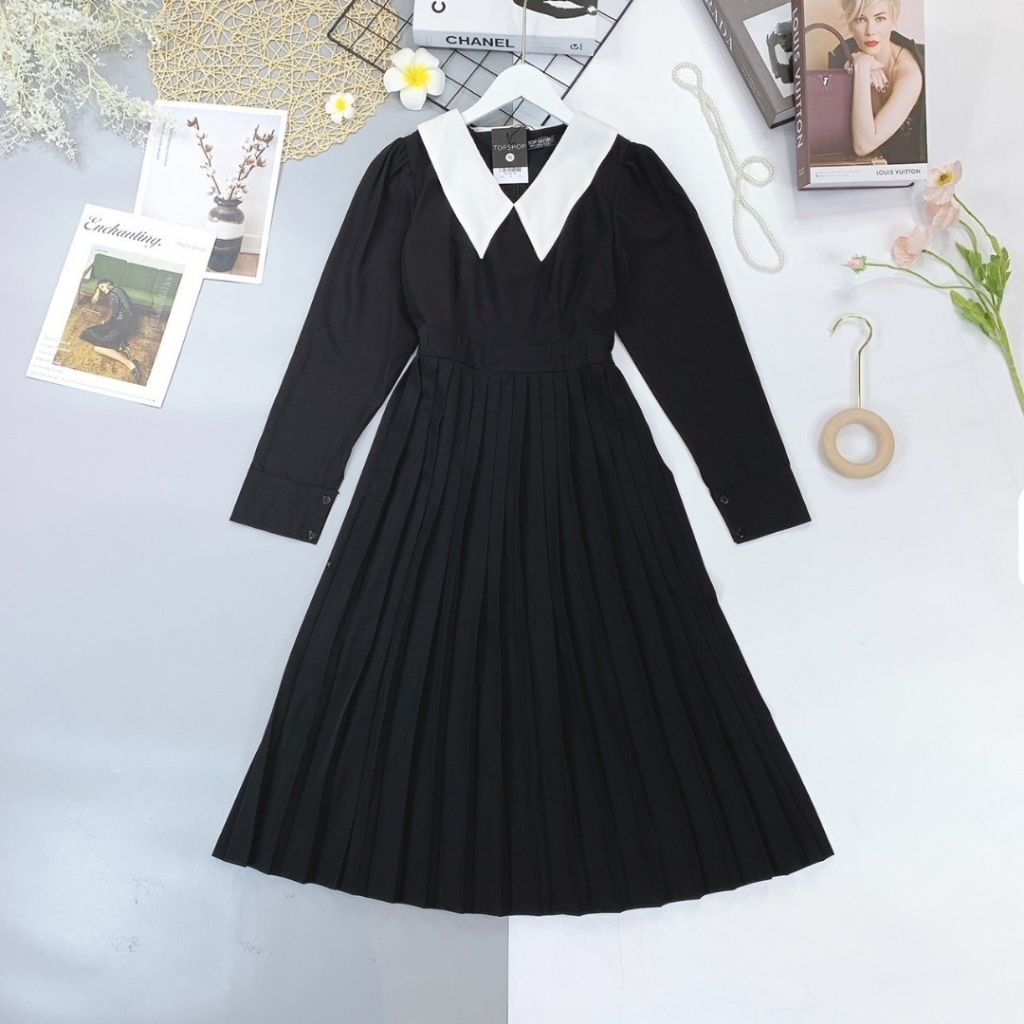  Váy nữ thiết kế dập ly tay dài, Đầm xòe trẻ trung thanh lịch HN clothing V25 | BigBuy360 - bigbuy360.vn