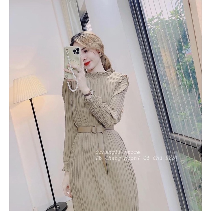 Váy  Kèm Đai Tay Bo Form Xuông Rộng-Bầu Bí Mặc Được