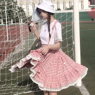 [có sẵn] Chân váy / Yếm Caro hoa cúc Lolita