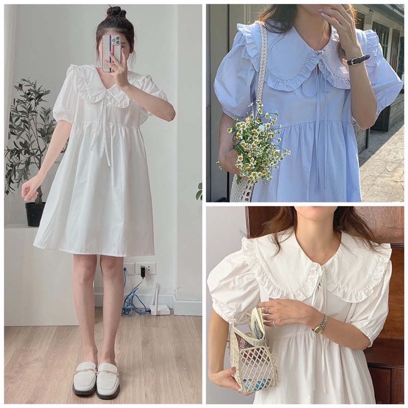 Đầm - Váy babydoll cổ bèo ngang ngắn tay Ulzzang